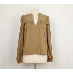 Boden Olive Green Lace-Yoke Long-Sleeve Blouse